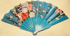Vintage Decorative Hand Fan Featuring Painted Fabric Blue w/ Floral NWOT
