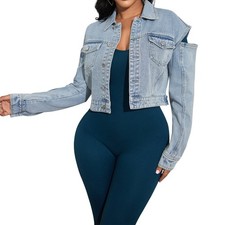 Women's Basic Button Down Stretch Fitted Long Sleeves Denim Jean Jacket