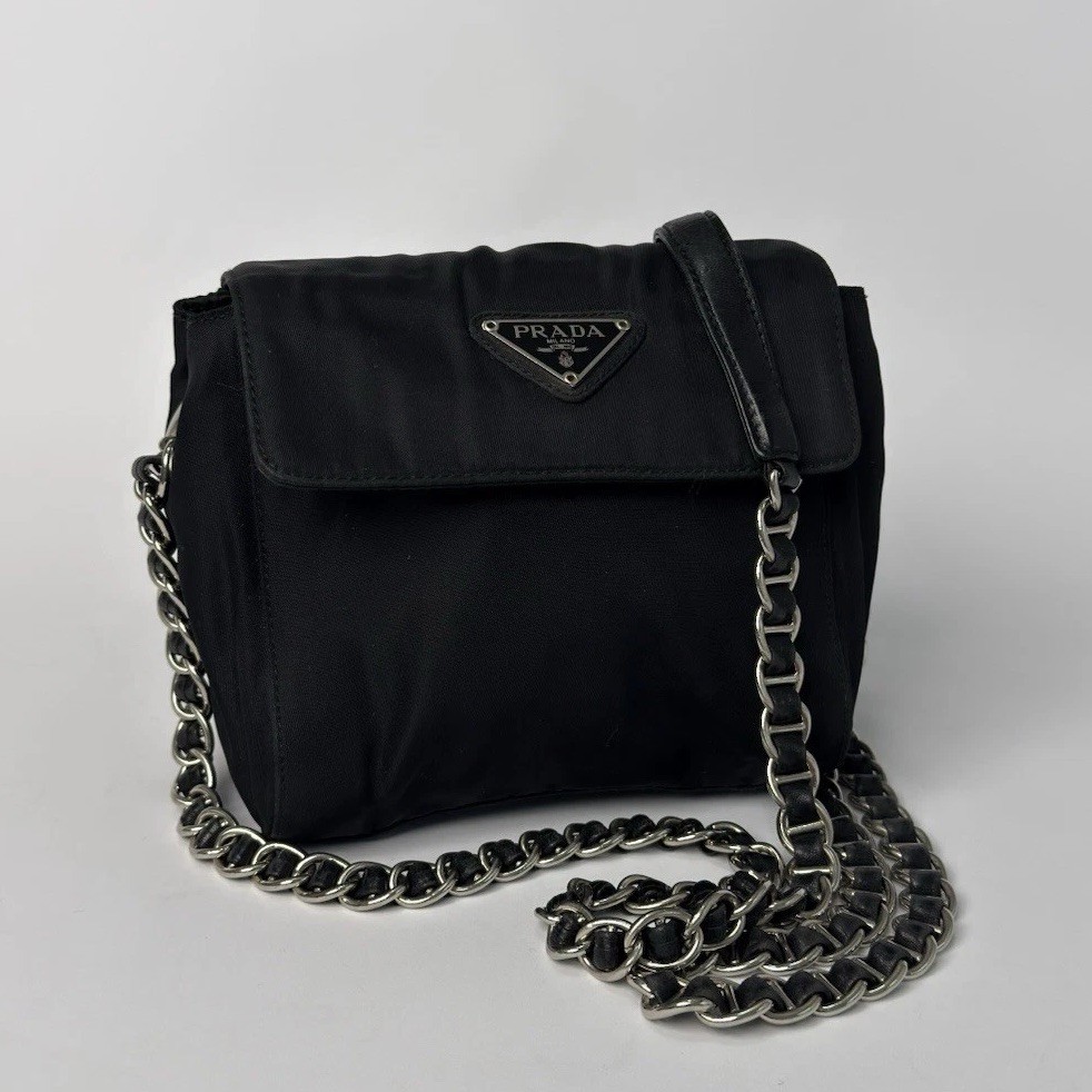 Prada Tessuto Nylon Chain Shoulder Crossbody Bag Mini Black