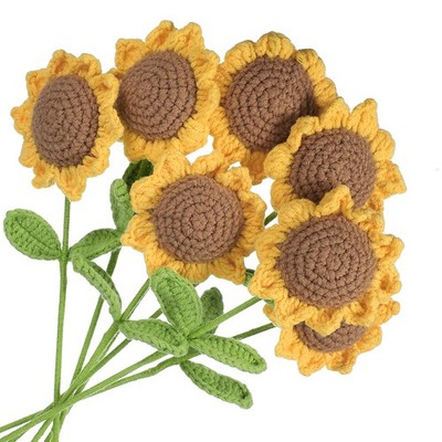 7Pcs Crochet Flower Handmade Knitted Small Potted Sunflower with Stem Orange