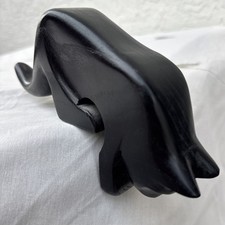 Vintage Black Ash Wood Hand Carved Cat Figurine Statue Edge Hanger