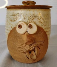 VTG 80's Pottery Ugly Funny Face Mustache Jar Dated 1983 Signed 3D