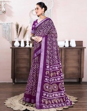Women's Cotton Linen Printed and Zari Border Saree with Unstitched Blouse Piece