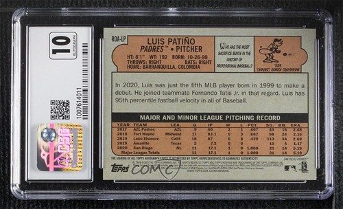 2021 Topps Heritage Real One Luis Patino CSG 9.5 Gem Mint Rookie Auto RC 06z2 - Afbeelding 2 van 3