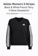 55 NWT - Adidas Women's MEDIUM 3-Stripes French Terry V-neck Sweatshirt