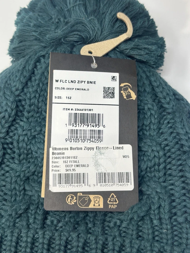 NUEVO Gorro Burton para mujer con cremallera forrado de lana esmeralda profunda invierno tejido con cable pompón Foto 4 de 4