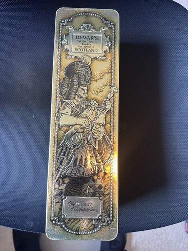 Dewar’s White Label Scotch Whisky Empty Tin Gold Scottish Piper Highlander