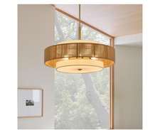 Merra 24" 6-Light Brass Brown Woven Drum Pendant Chandelier Dimmable, No Bulb