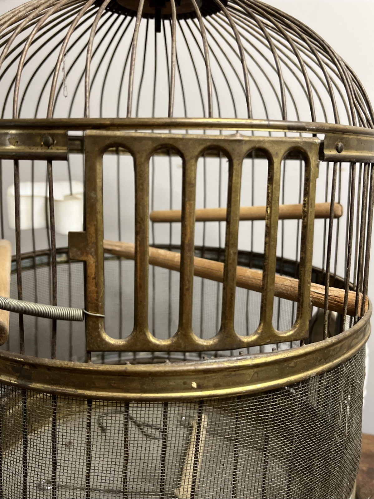 Vintage Hendryx Bird Cage Hanging Dome Style Jadeite And Milk Glass Feed/Water