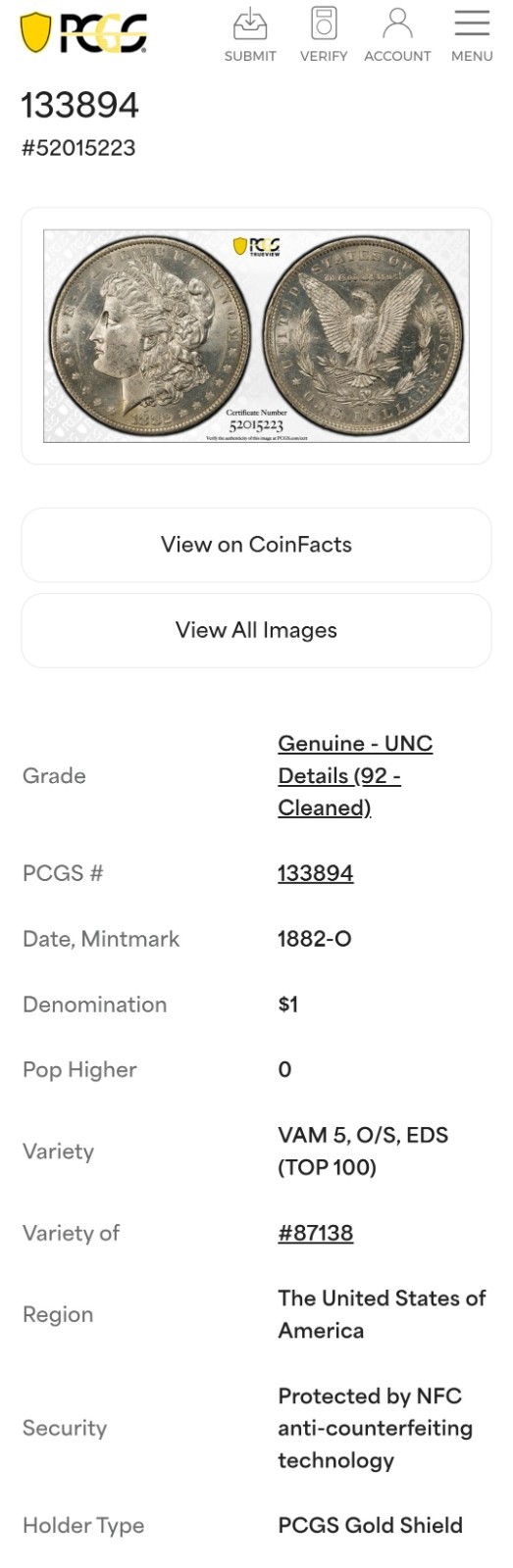 1882-O/S VAM-5 EDS Morgan Silver Dollar [PCGS GOLD SHIELD UNC]  EARLY DIE STATE!