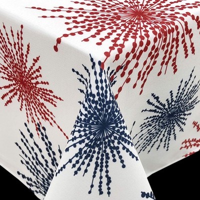 Red White Blue Celebration Fireworks Easy-Care Fabric Tablecloth (60''x84'', Wh...