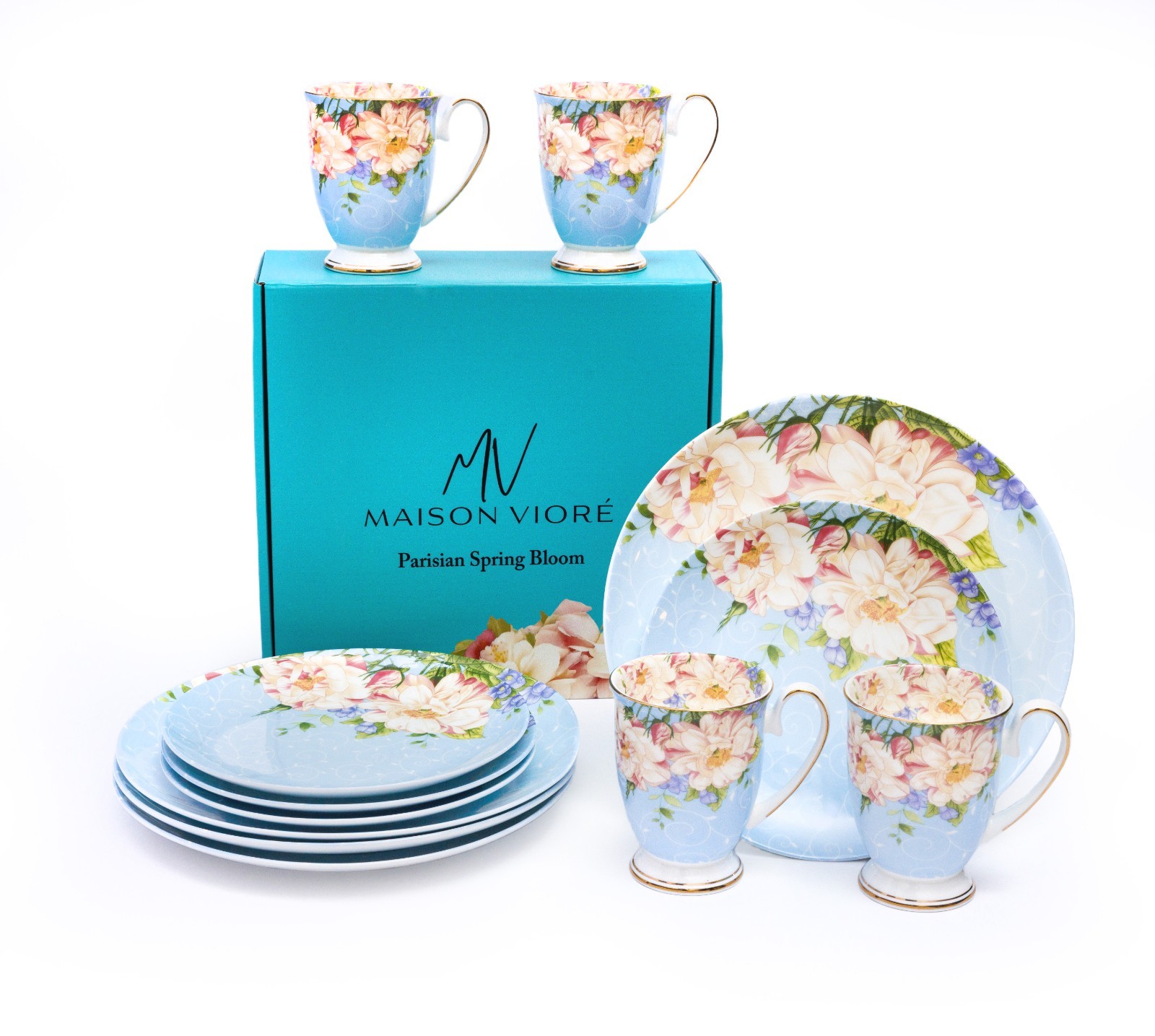 Maison Viore Parisian Spring Bloom Plates and Mugs Set Of 12 Blue