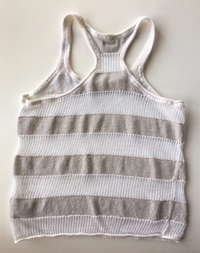 Suéter sin mangas Express para mujer blanco y plateado metálico a rayas crochet talla Foto 3 de 3