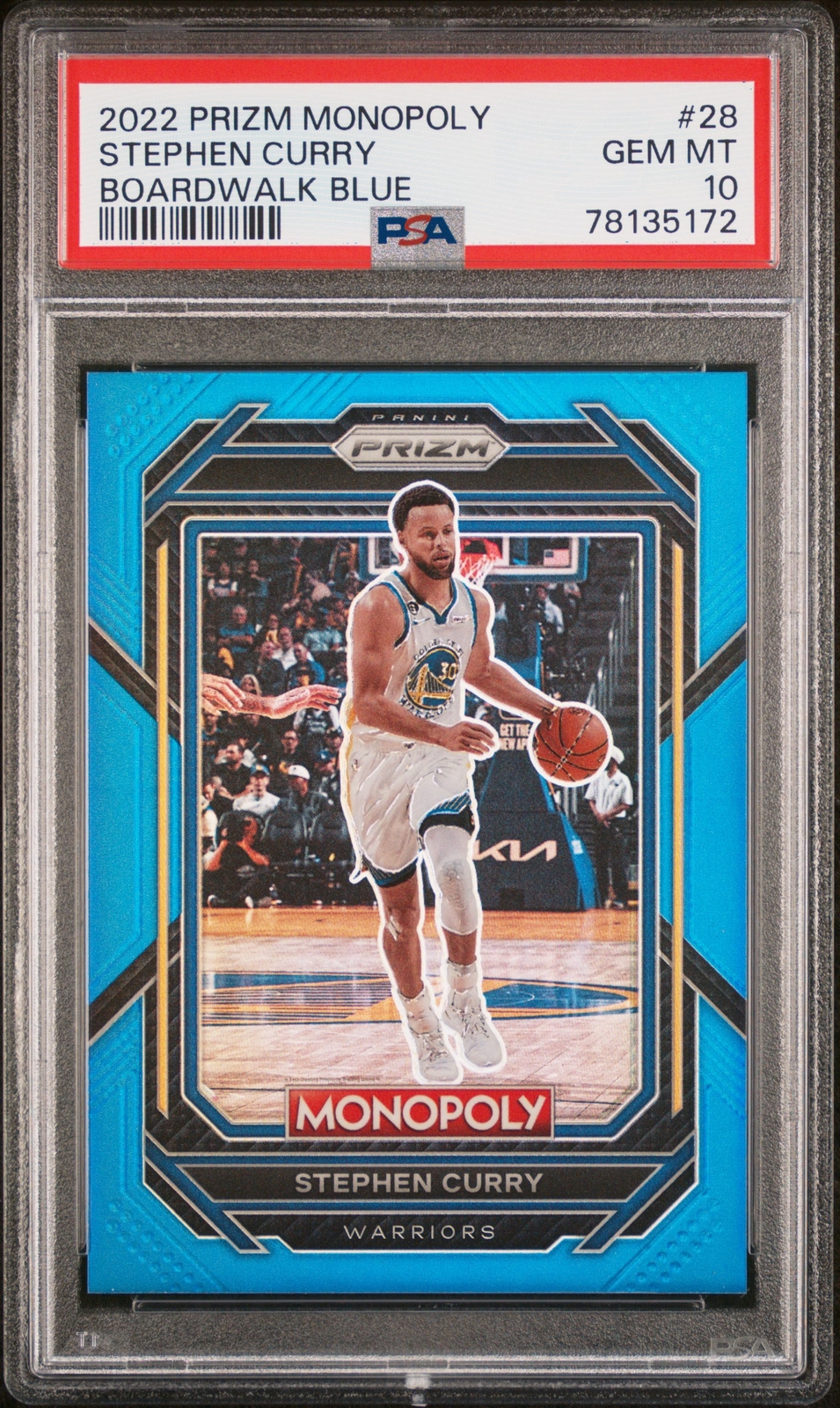 2022 PANINI PRIZM MONOPOLY BOARDWALK BLUE #28 STEPHEN CURRY 9/15 PSA 10