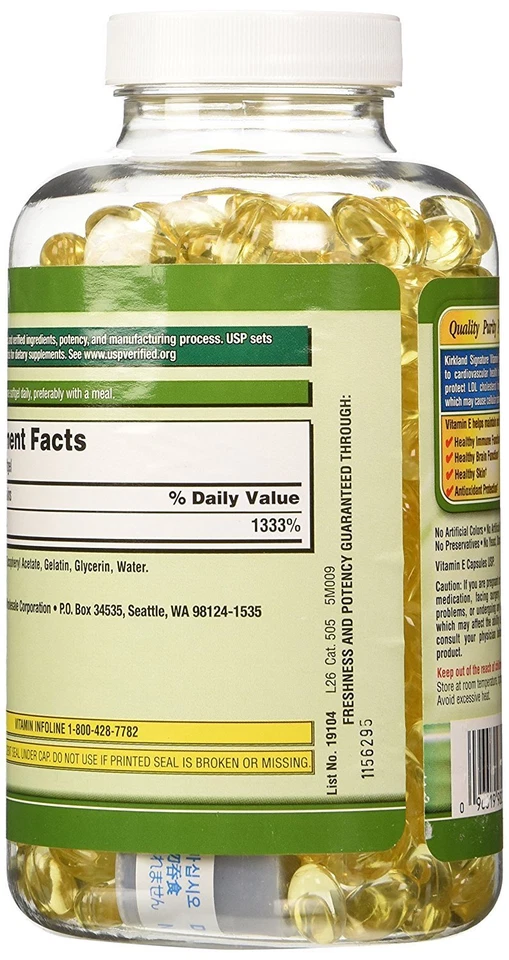 Kirkland Signature Vitamina E 400 UI, 500 Cápsulas Blandas (Pack de 2) (Total de 1000 Foto 2 de 4