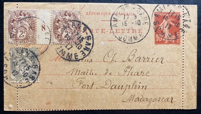 1917 Amiens France Stationery Postcard Cover to Fort Dauphin Madagascar Sc#109