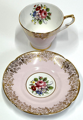 Tea Cup & Saucer Collingswood Blue/Pink/Purple Flowers ~~Gold England Bone China