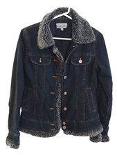Finesse Denim Jean Jacket Size Small Blue Button Front Faux Fur Collar Women