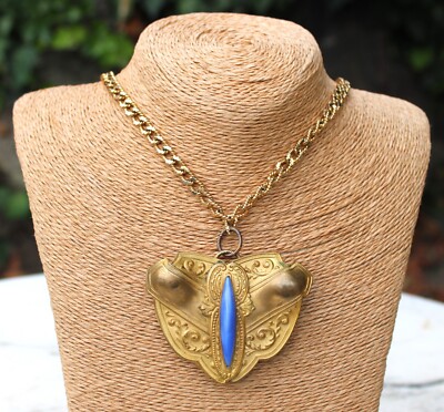 Antique ART NOUVEAU BRASS, GLASS Butterfly Moth Pendant Scarf Slide