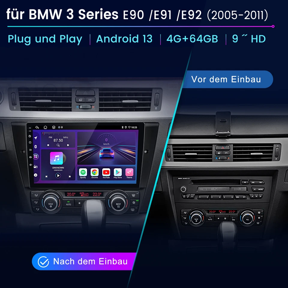 4GB+64GB Android 14 Autoradio Navi GPS Carplay DAB SWC Für BMW E90 E91 318i 320d - Bild 2 von 4