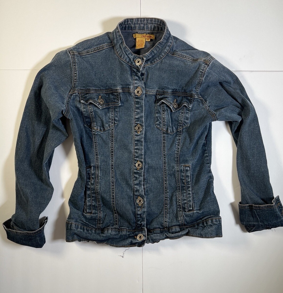 Refuge Denim Jacket Womens Medium Button Up Cotton Distressed Blue Jean A6