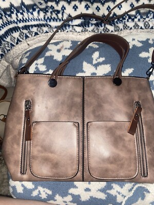 Sharp Medium Light Brown Purse Many Pockets Bag Pleather Shoulder & Handle Strap