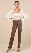 NWT Lulus Endless Aura Cream Satin Balloon Sleeve Sheer Lace Bodysuit Size Med