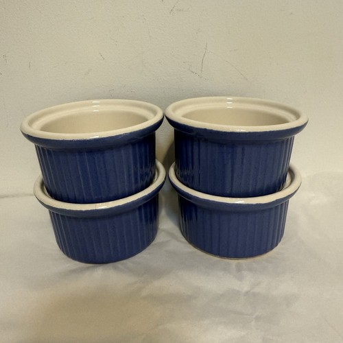4 vintage EMILE HENRY France Cornflower Blue Ramekins Mini Soufflé Bakers - Picture 2 of 11