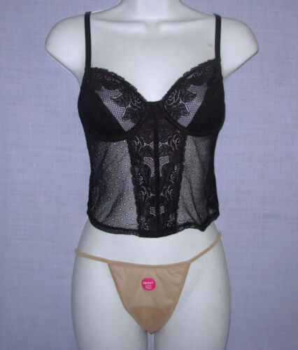 New DKNY sz 34 B / C black Bra Bustier Cami LowRise Gstring Thong panties nude M - Picture 1 of 6