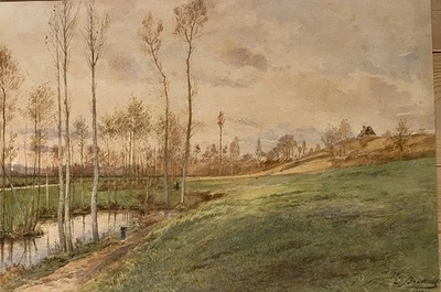 Tableau ancien paysage signé Emile Bidault (1835-1896) - Aquarelle - Bon état - Photo 1/4