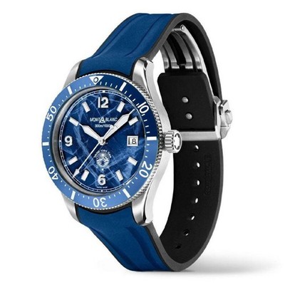 Montblanc 1858 Ice Sea Automatic Date Rubber Watch Strap Blue D-Buckle