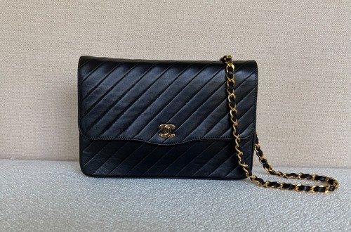 Rare Vintage Chanel Black Lambskin Single Flap Bag with 24k Gold-Plated HW