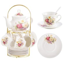 20-Pieces Porcelain Tea Sets For Women, Tea Set For Adult with Golden Metal R...