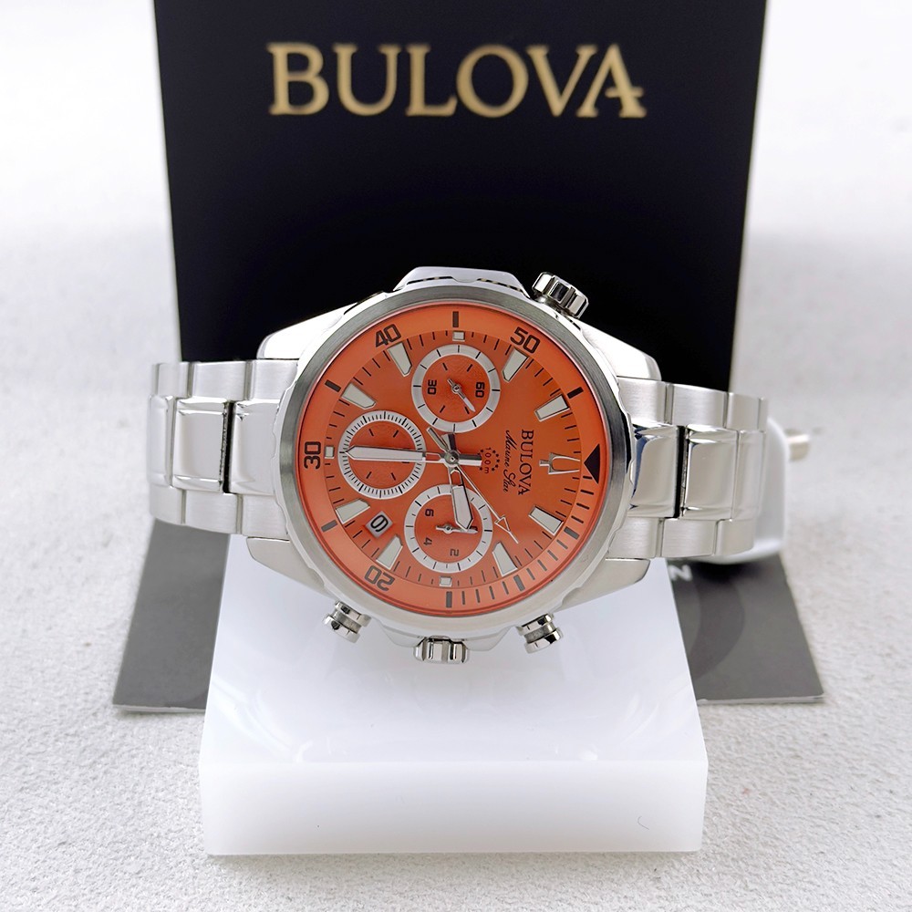 Bulova Men's Marine Star Chronograph Orange Dial Stainless Quartz Watch 96B395