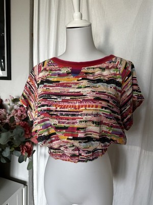 Handmade DIY Crop Top XS XXS Fledermausärmel Bunt Abstract Print Einzelstück