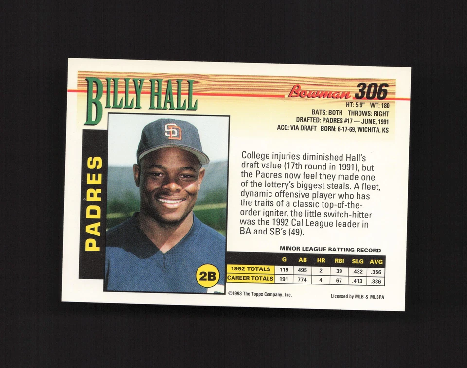1993 Bowman #306 Billy Hall San Diego Padres Rookie MM - Image 2 of 2