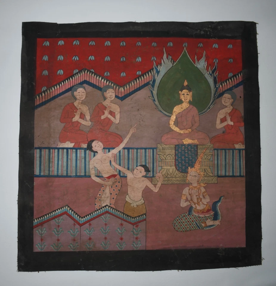 Pintura budista antigua original de finales del siglo XIX sobre lienzo de algodón de Tailandia Foto 4 de 4