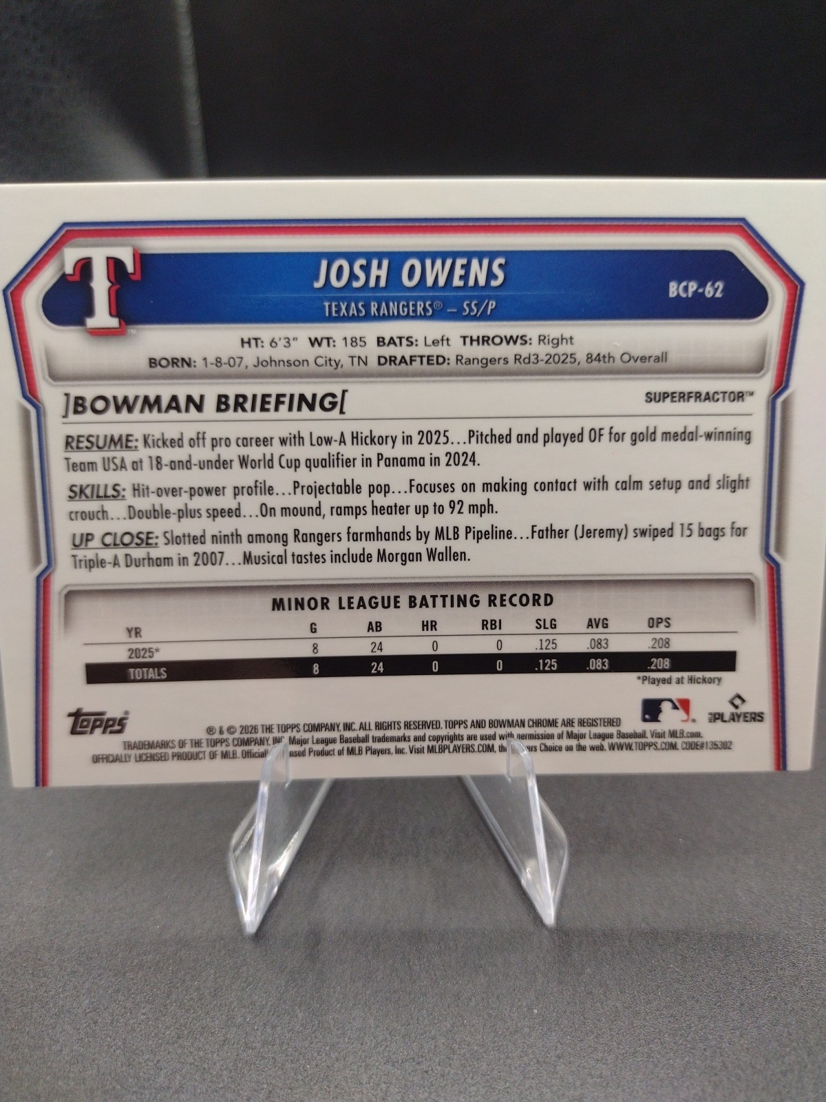 2026 Bowman Chrome Gold Super Fractor 1/1  Josh Owens #BCP-62 view 3