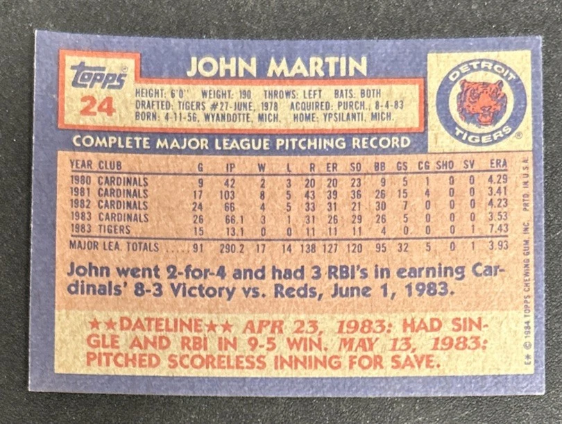 1984 Topps John Martin Baseball Card #24 Tigers Pitcher VG O/C - Image 2 of 2