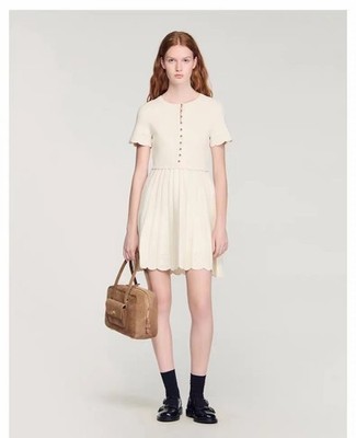 Sandro Short-sleeved Golden Buckle Assembling Pleated Dresses