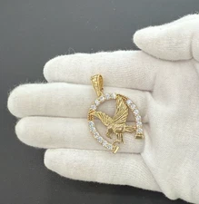 Eagle Circle Pendant 925 Sterling Silver Gold Plated Iced CZ Charm 1.7 inch
