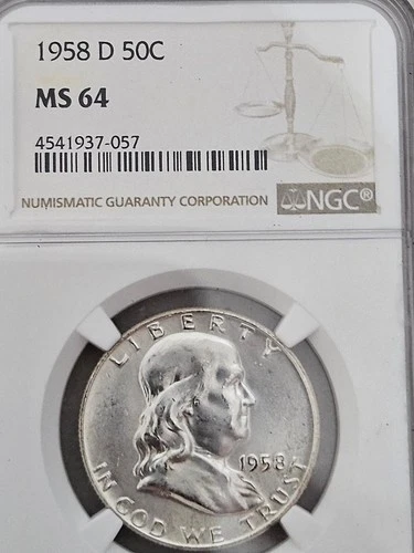 1958 D Franklin Half Dollar NGC MS 64 Great Strike Free Shipping S/N 4541937-057