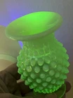 Vtg FENTON Glass BUD VASE Uranium Vaseline Green Opalescent Hobnail 3.75" Glows