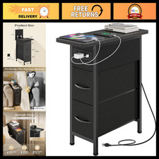 Narrow End Table with Charging Station 2 Drawers - Modern Side Table for Livin
