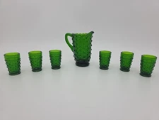 Wetzel Carnival Glass Water Set Miniature Hobnail Forest Green Pitcher Tumblers