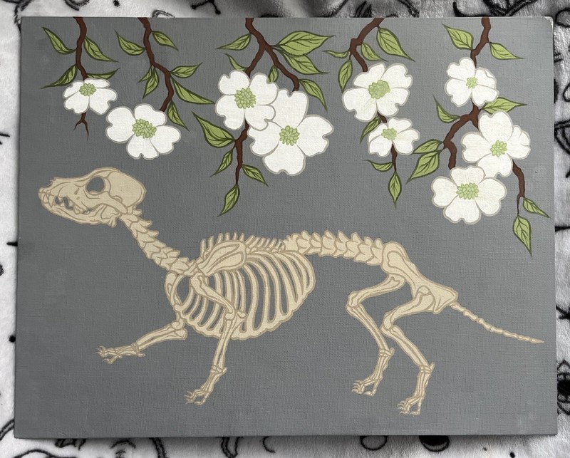 Hand Painted Dog Art Daschund Skeleton & White Dogwood Flowers On 11x14” Canvas 