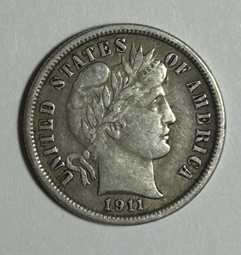 1911 P Barber Dime 90% Silver US Coin XF Full Liberty Original Uncleaned