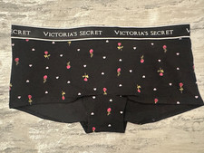 NWT Victoria's Secret VS Logo Cotton Boyshort Panty Black Rose Heart Medium     