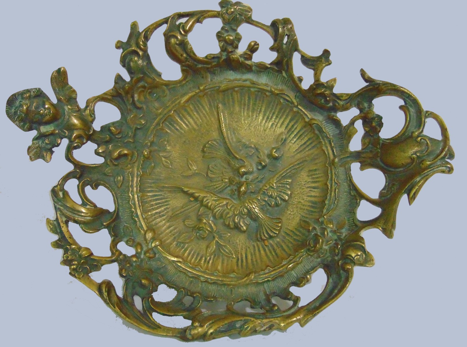 Antique Bronze Rococo Tray Coin Pedestal Dish Vide Poche Cherub Lovebirds Doves