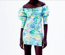ZARA size L Women ruched green floral off the shoulder long sleeve mini dress